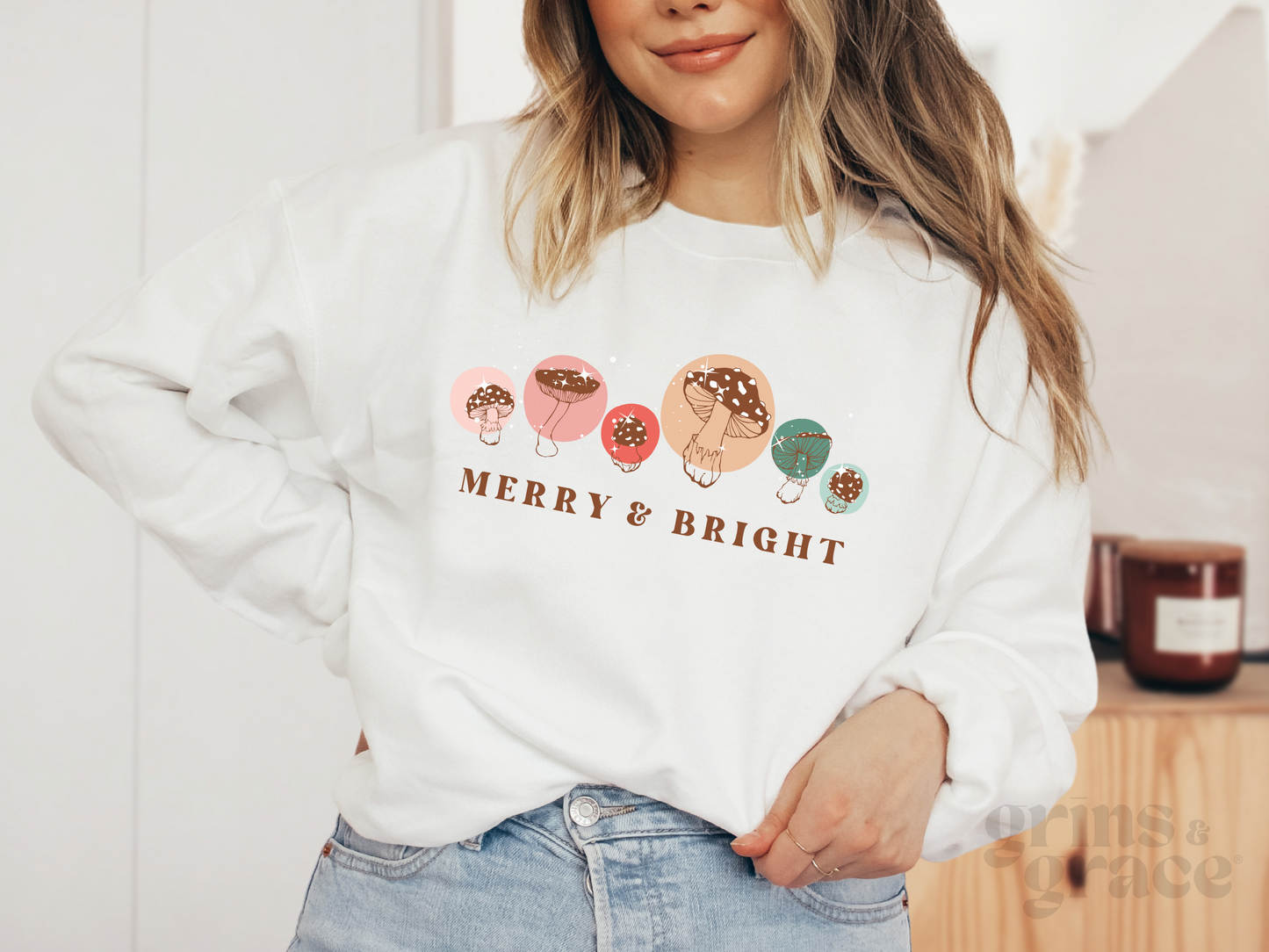 MERRY & BRIGHT MUSHROOM SWEATSHIRT | PINK & GREEN