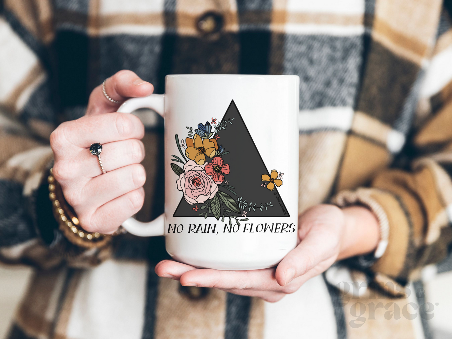 'NO RAIN, NO FLOWERS' 15 OZ CERAMIC COFFEE MUG