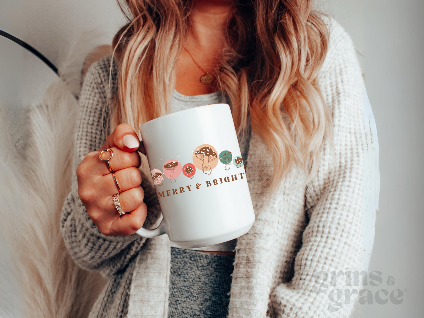 "MERRY & BRIGHT" MUSHROOM CERAMIC MUG