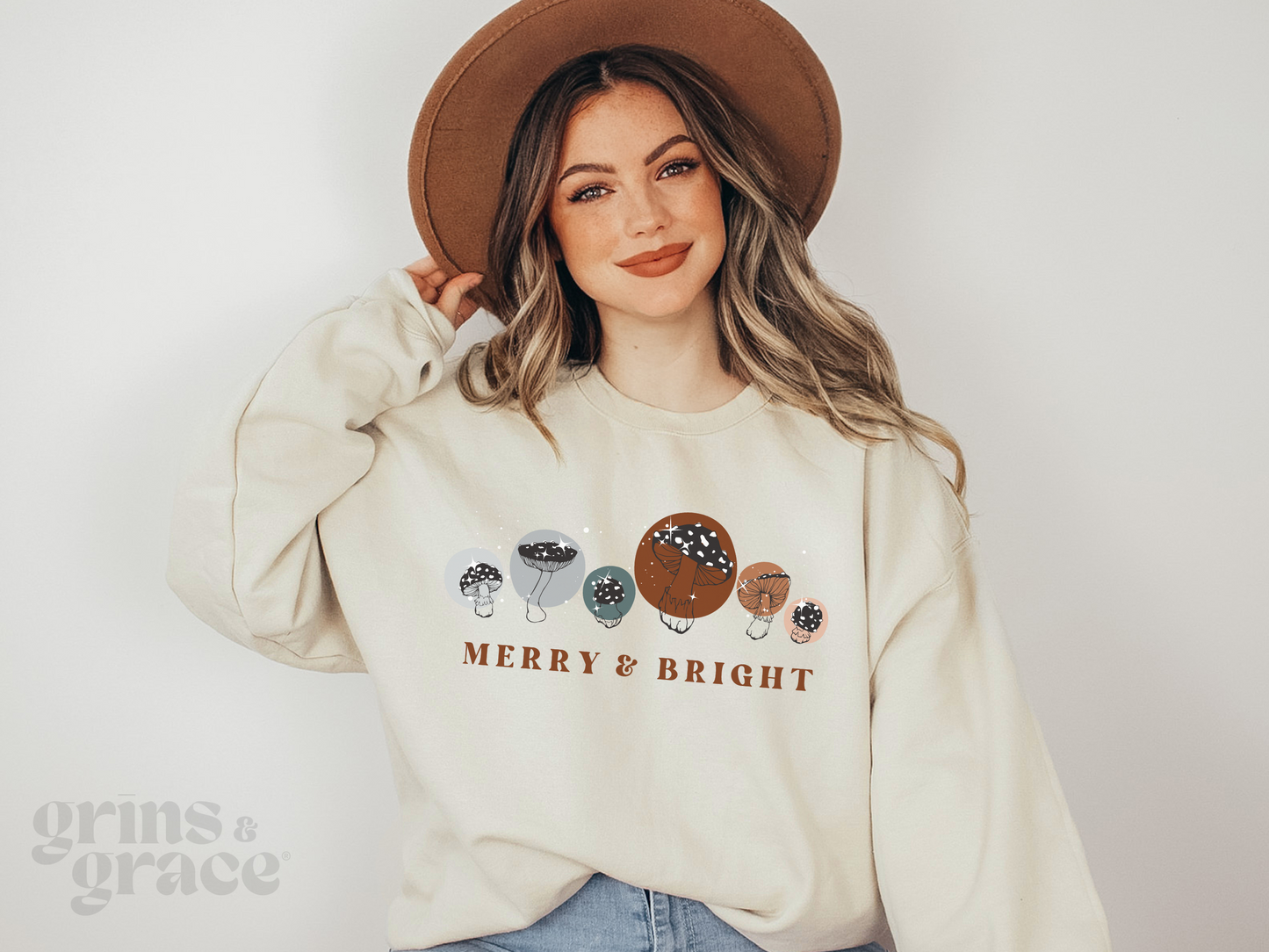 MERRY & BRIGHT MUSHROOM SWEATSHIRT | BROWN & BLUE