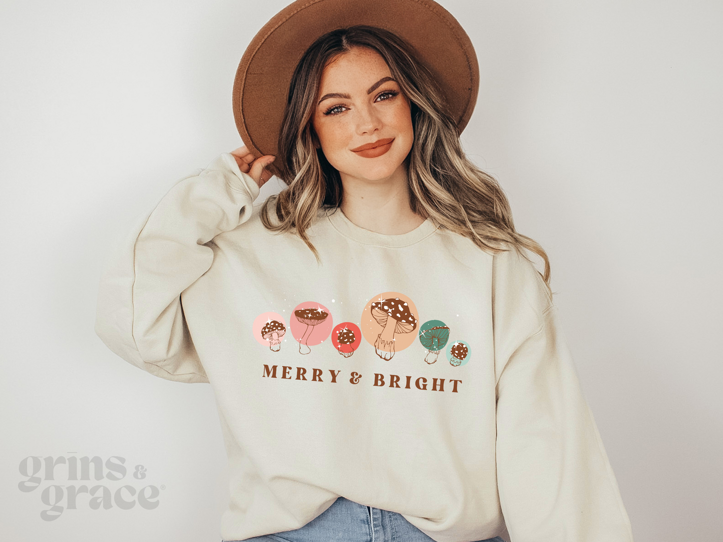 MERRY & BRIGHT MUSHROOM SWEATSHIRT | PINK & GREEN