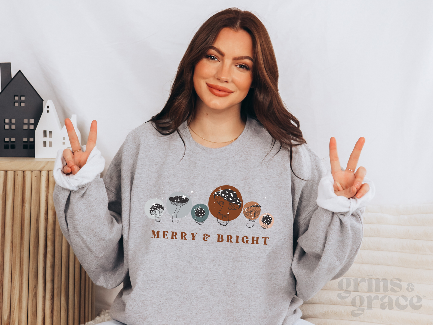 MERRY & BRIGHT MUSHROOM SWEATSHIRT | BROWN & BLUE