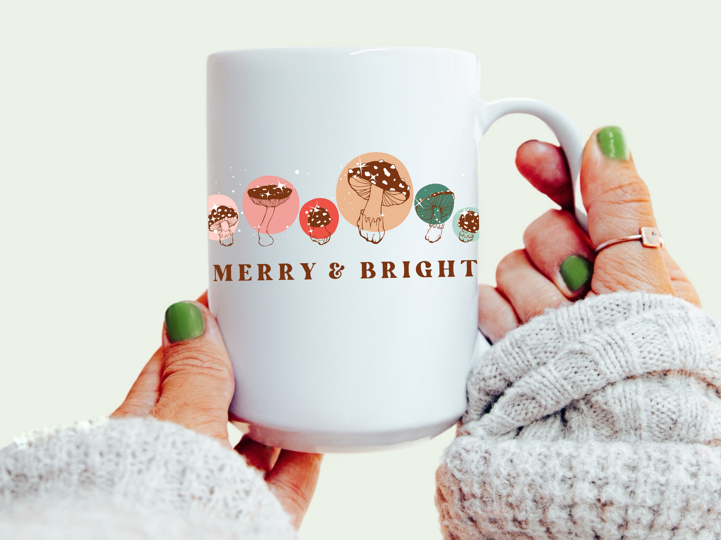 "MERRY & BRIGHT" MUSHROOM CERAMIC MUG