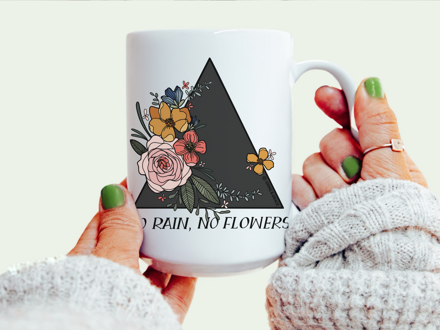 'NO RAIN, NO FLOWERS' 15 OZ CERAMIC COFFEE MUG