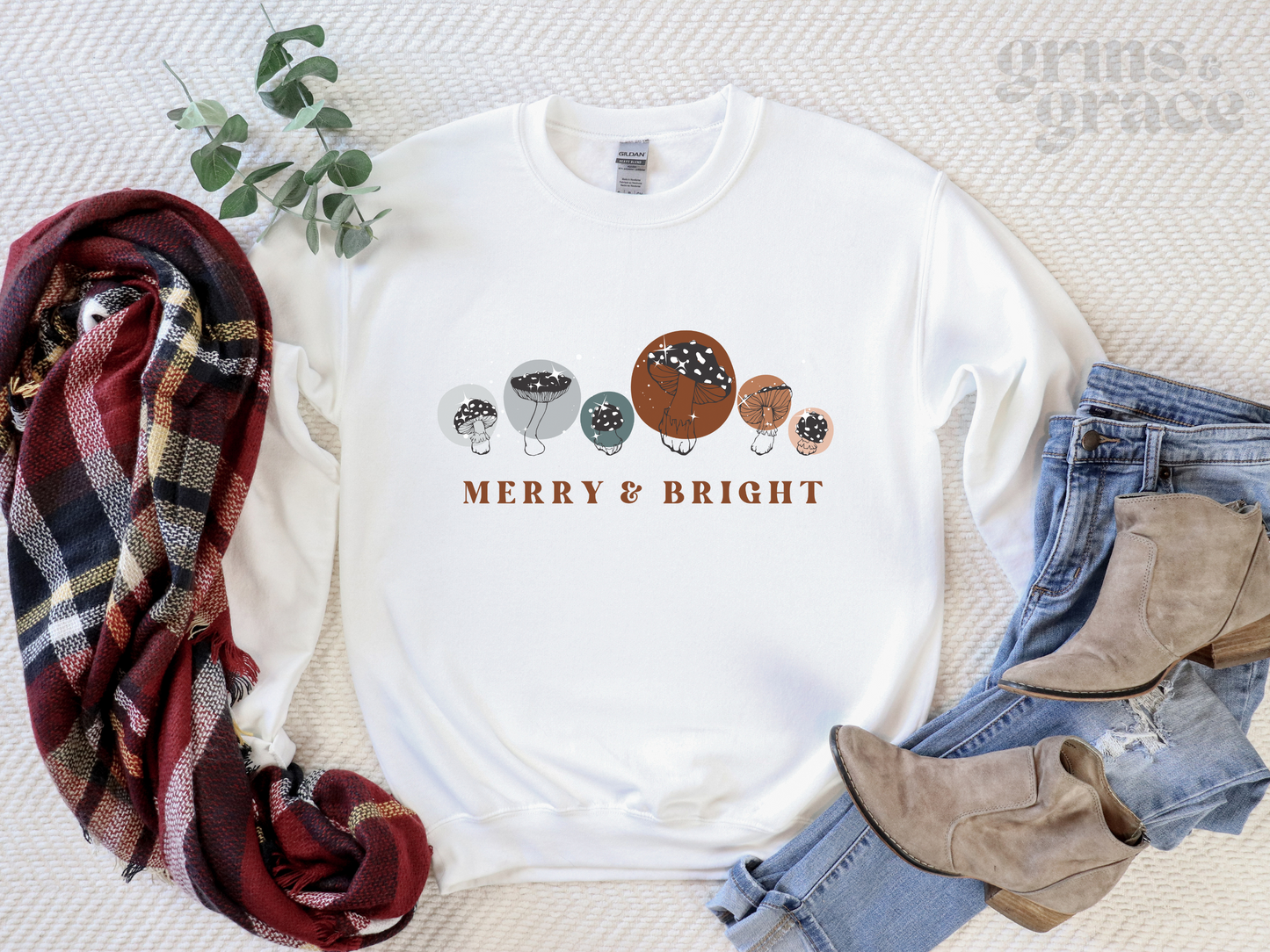 MERRY & BRIGHT MUSHROOM SWEATSHIRT | BROWN & BLUE
