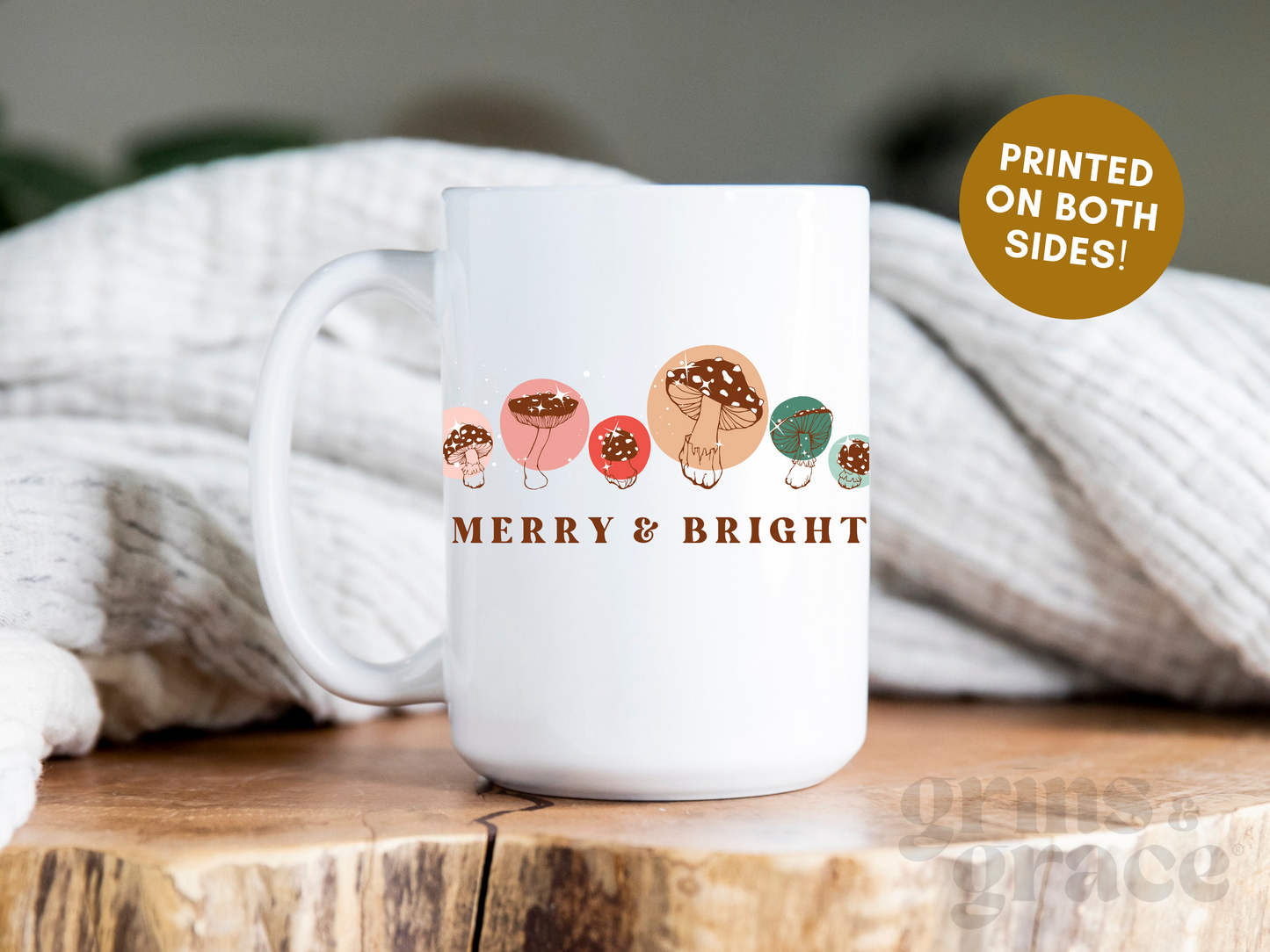 "MERRY & BRIGHT" MUSHROOM CERAMIC MUG