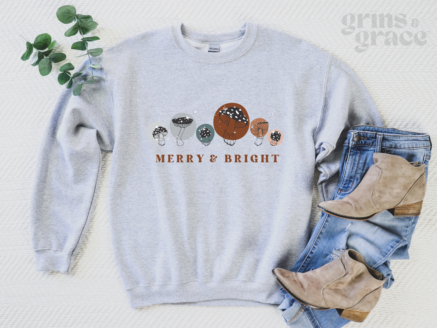 MERRY & BRIGHT MUSHROOM SWEATSHIRT | BROWN & BLUE