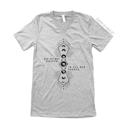 "AND SHE WAS BEAUTIFUL, IN ALL HER PHASES" WOMEN'S MOON PHASE T-SHIRT